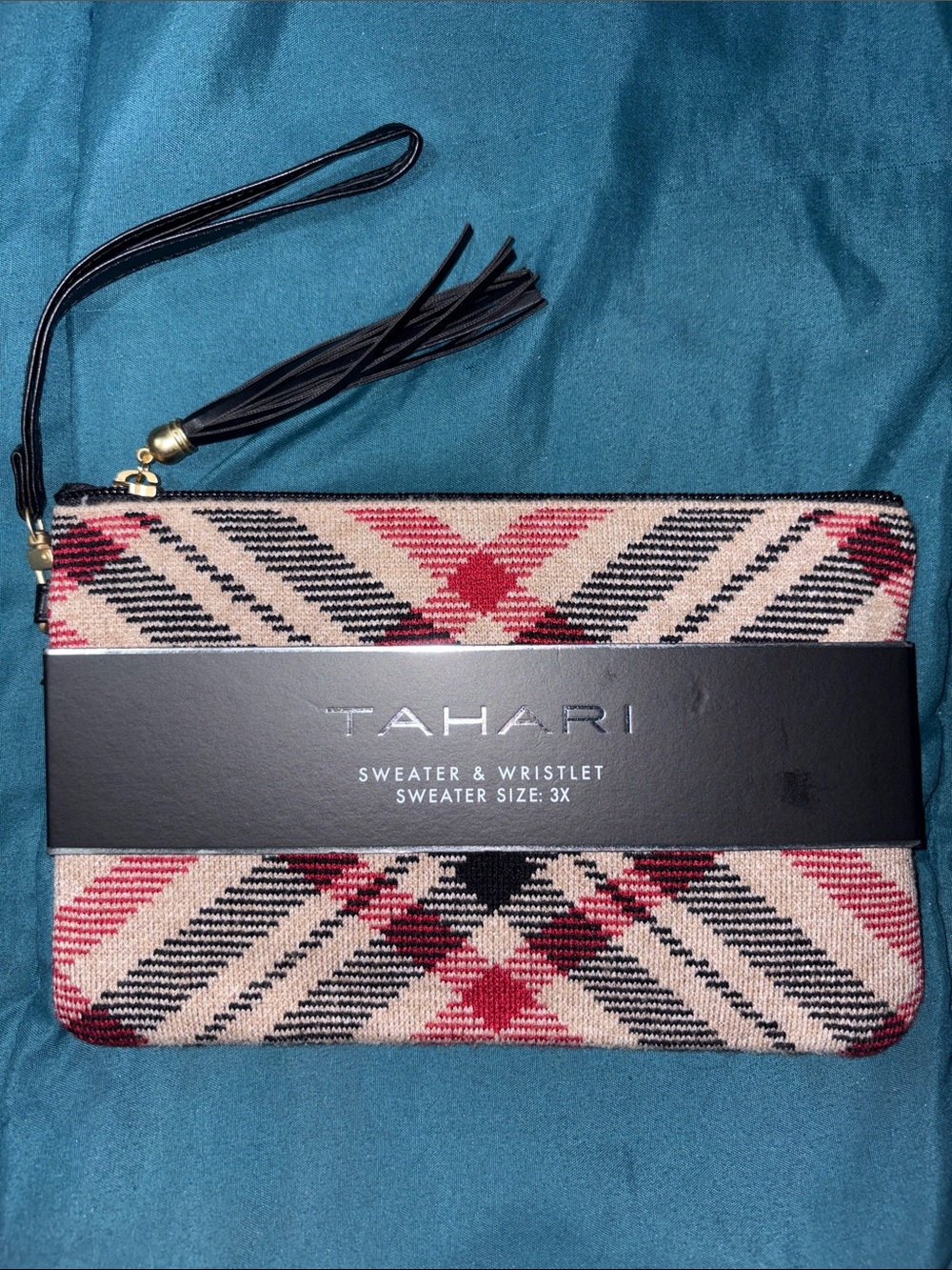 Tahari Red, Black & Beige Knit Wristlet Clutch with Tassel - NO Sweater